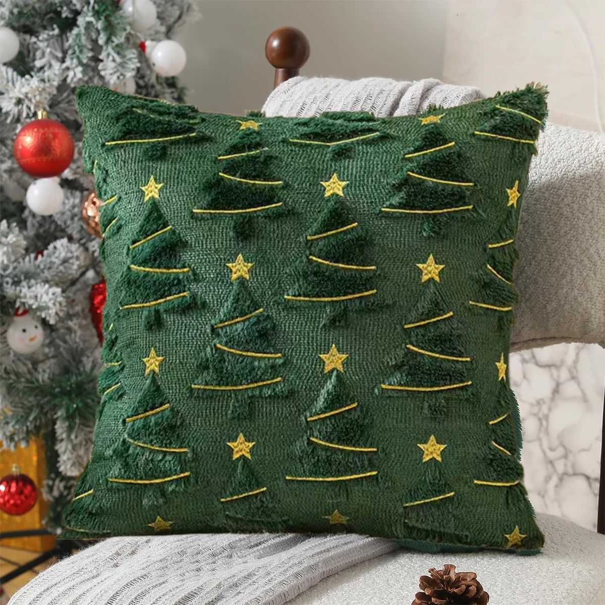 1pc plush Christmas tree Pillow Covers emerald plush Christmas tree pillowcase with golden stars and pine branches design -18in Y251105