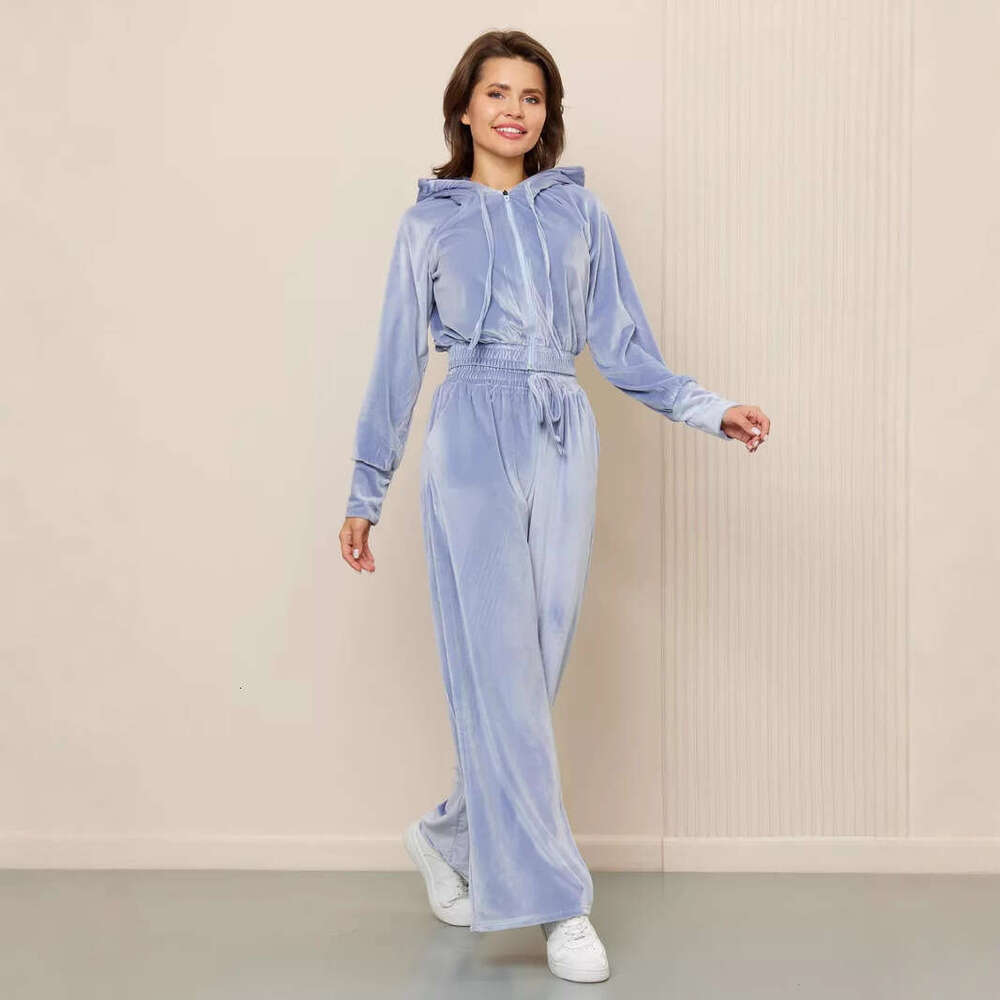 European And American Fashion Casual Women's Solid Color Zipper Cardigan Silver Fox Fleece Sweatshirt Tie Pants Two-Piece Set B5