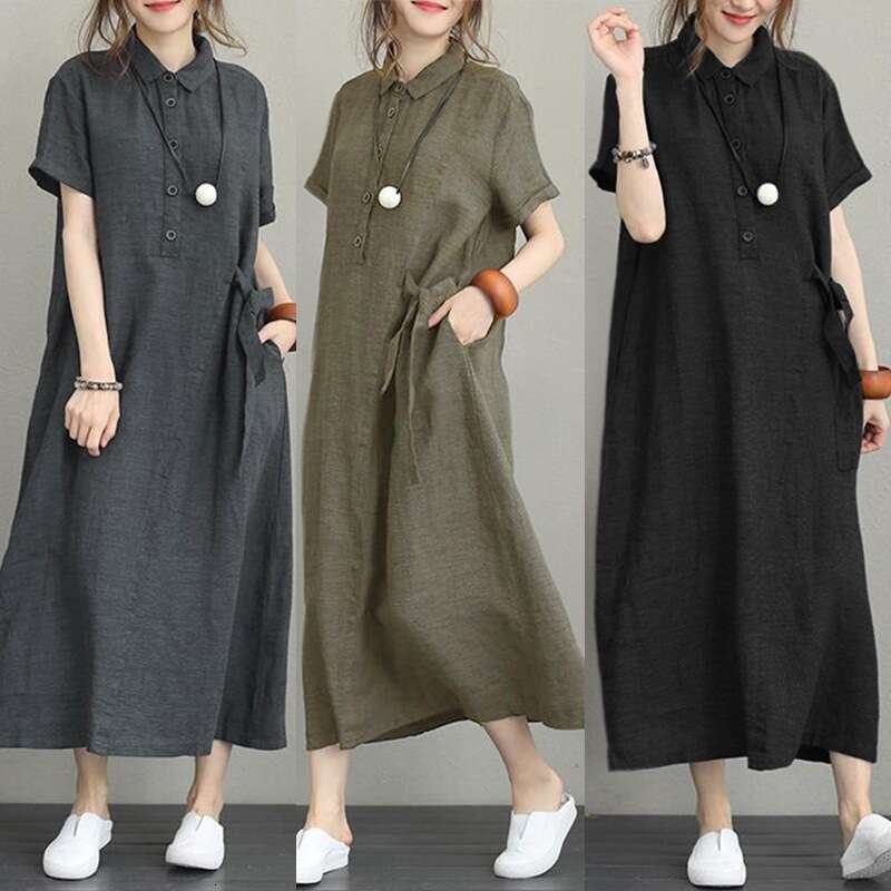 Cross-Border New POLO Cotton Linen Turn-Down Collar Short Sleeve Loose Pocket Elegant Women's Casual Dress B5