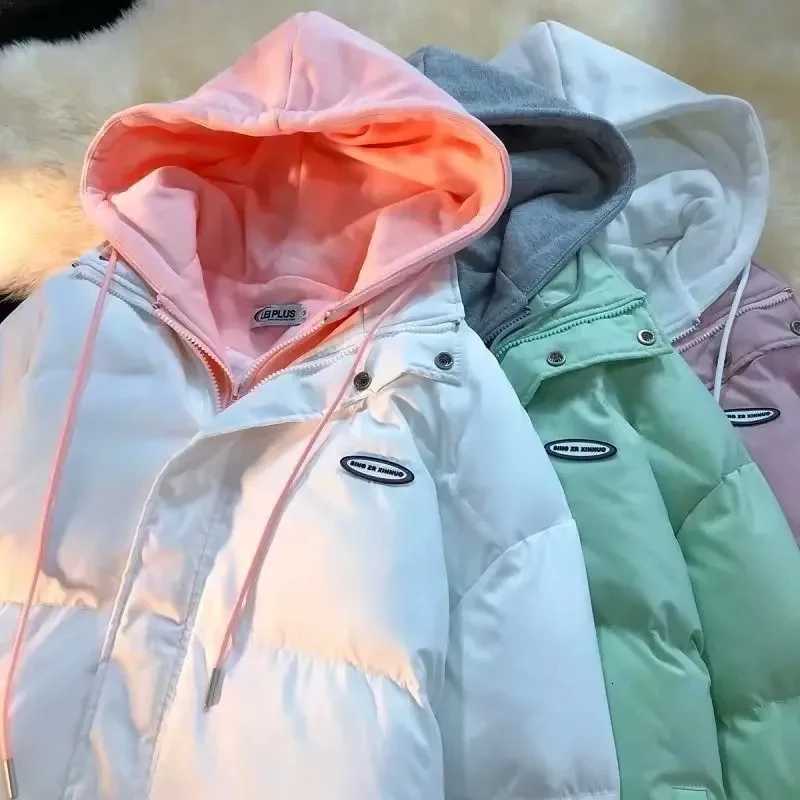 Autumn And Winter Women s Cotton Padded Jacket Windproof Warm Pink Color Matching Casual Loose Collar Zipper Hat Coat MatchingT251105