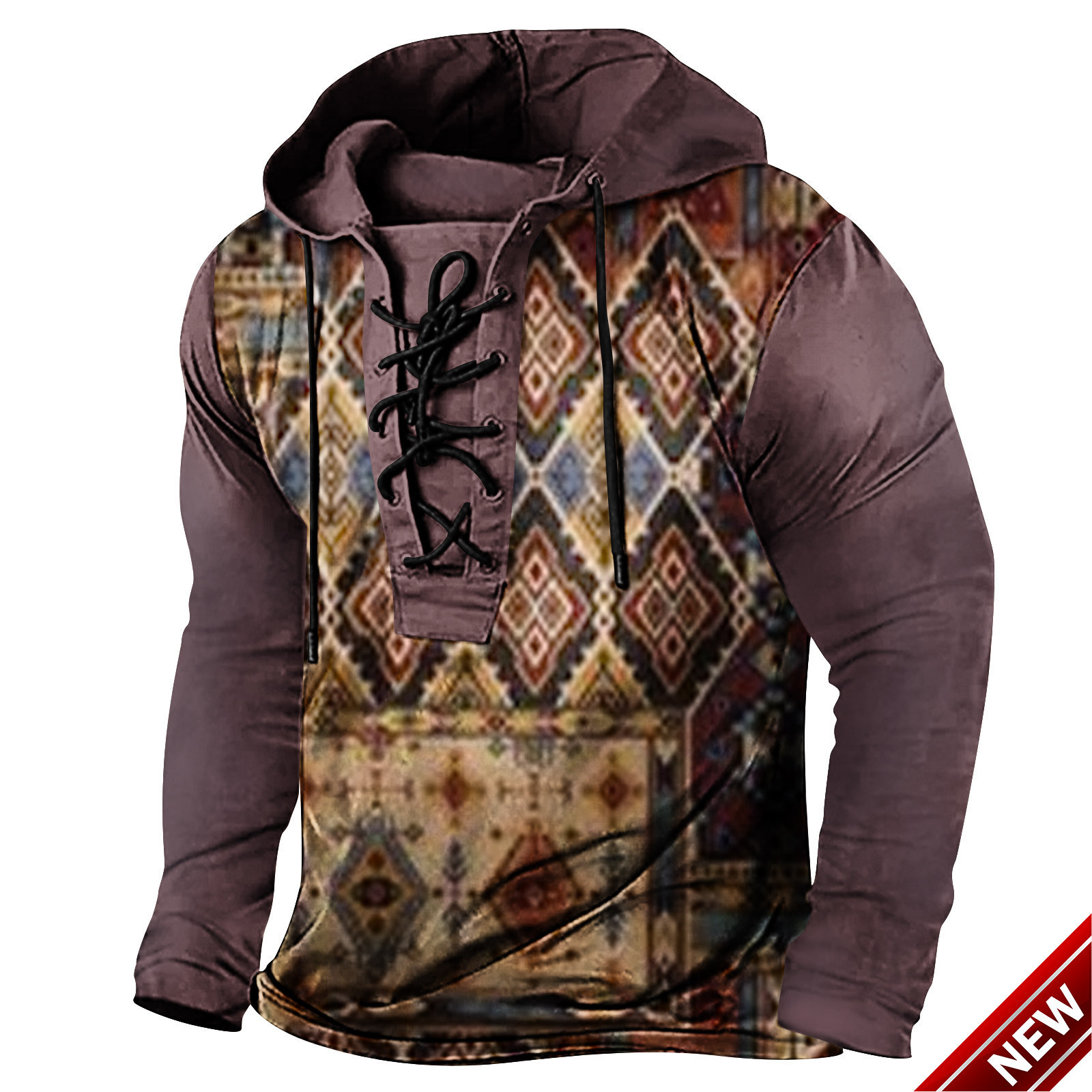 2024 Spring New Mens Digital Printed Strap Up Large Hooded Long Sleeve T-shirt Mens Wear