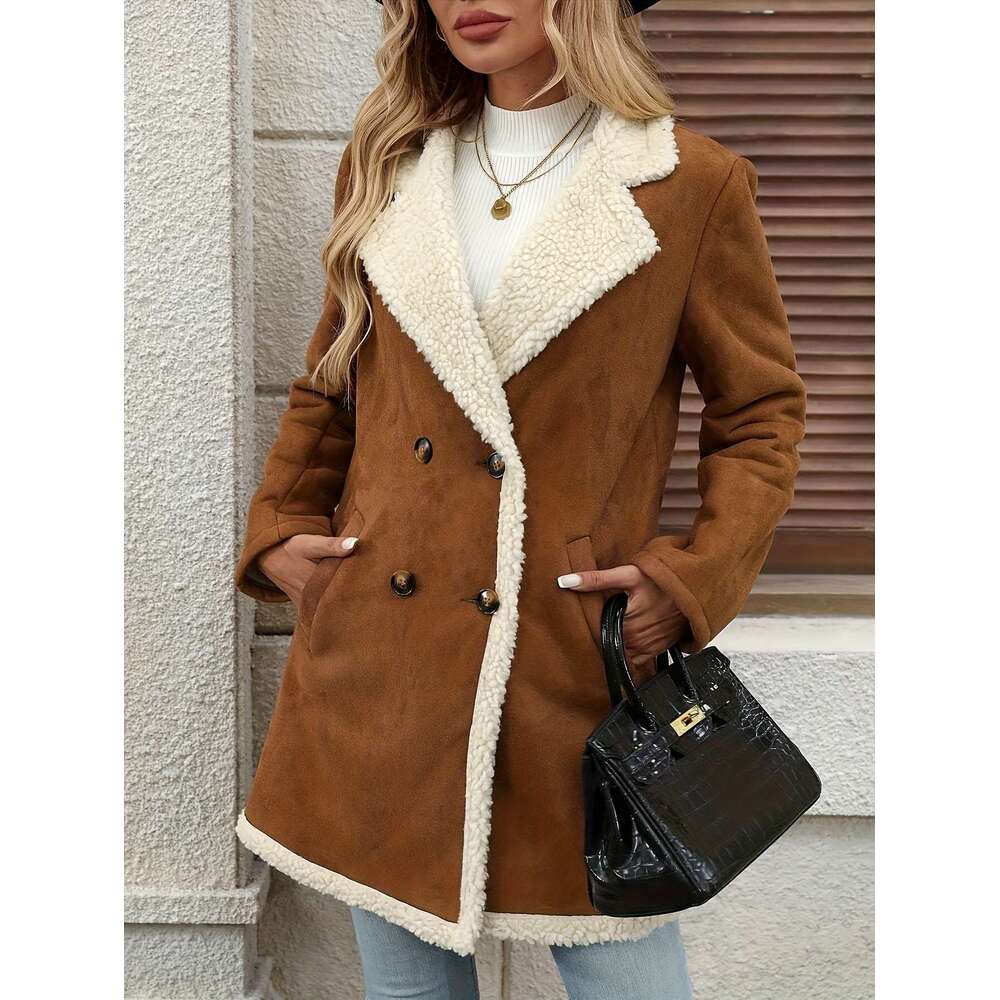 Elegant Coat - Brown Double-Breasted Jacket With Fluffy Lining, Button-Up Front, And Flap Pockets For Fall/Winter, Outerwear Chic Long Sleeve | Button