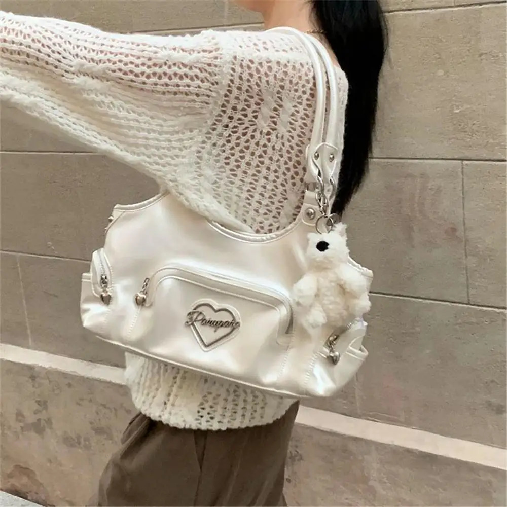 Pearl White Shoulder Bag for Women Multiple Pockets Women Handbags Underarm Bag American HeavyDuty Large Capacity Tote Bag 251031