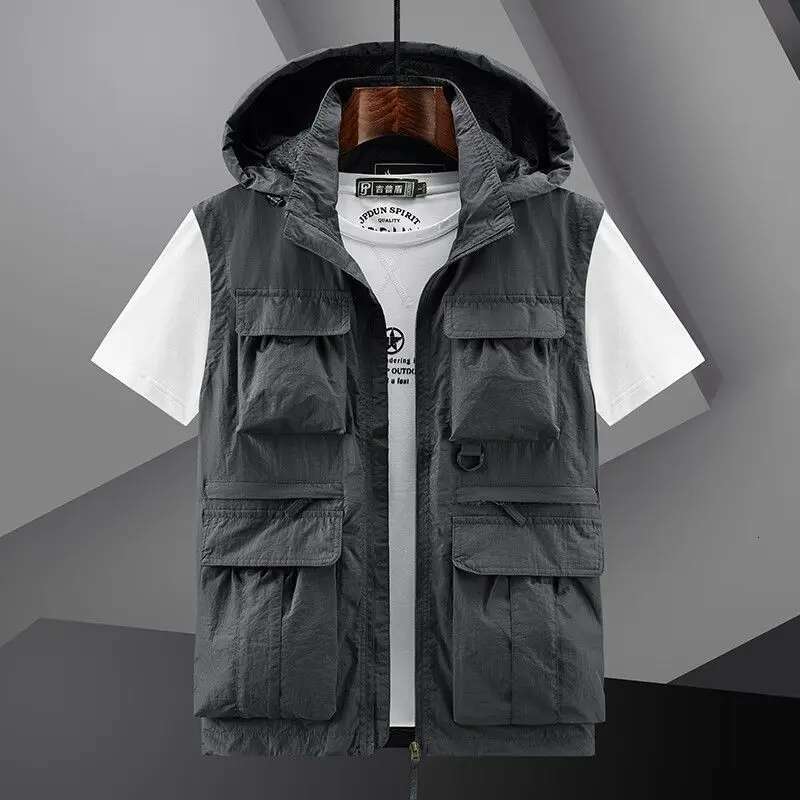 Spring New Outdoor Hooded Fishing Mens Solid Breathable Multi-Pocket High Quality Coat Detachable Hat Sports Vest Male