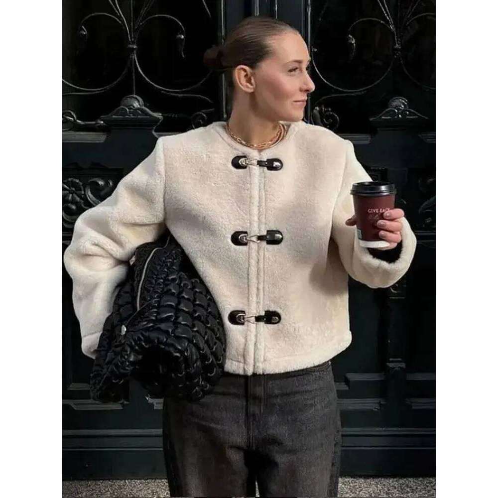 HH Woman Autumn Casual Fur Coats Long Sleeve O-Neck Single Breasted With Pockets Loose Jacket Female Winter Warm Short Coat