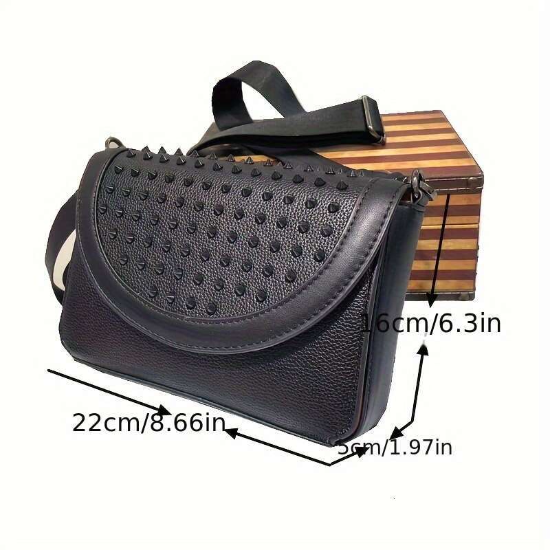 Edgy Geometric Studded Premium Second Layer Leather Adjustable Shoulder Bag Men Women, Sleek Black Unisex Messenger Purse For Everyday Use, Shopping