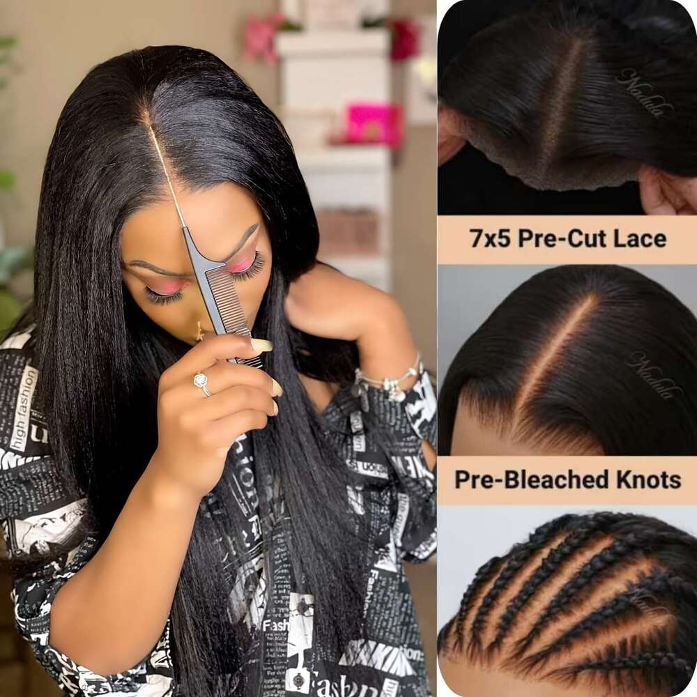 Nadula Bye Knots 7X5 HD Lace Front Wig Glueless Human - Brazilian Hair Density 150%, Pre Plucked Bleached Kinky/Straight For Black, Look Put On & Go W