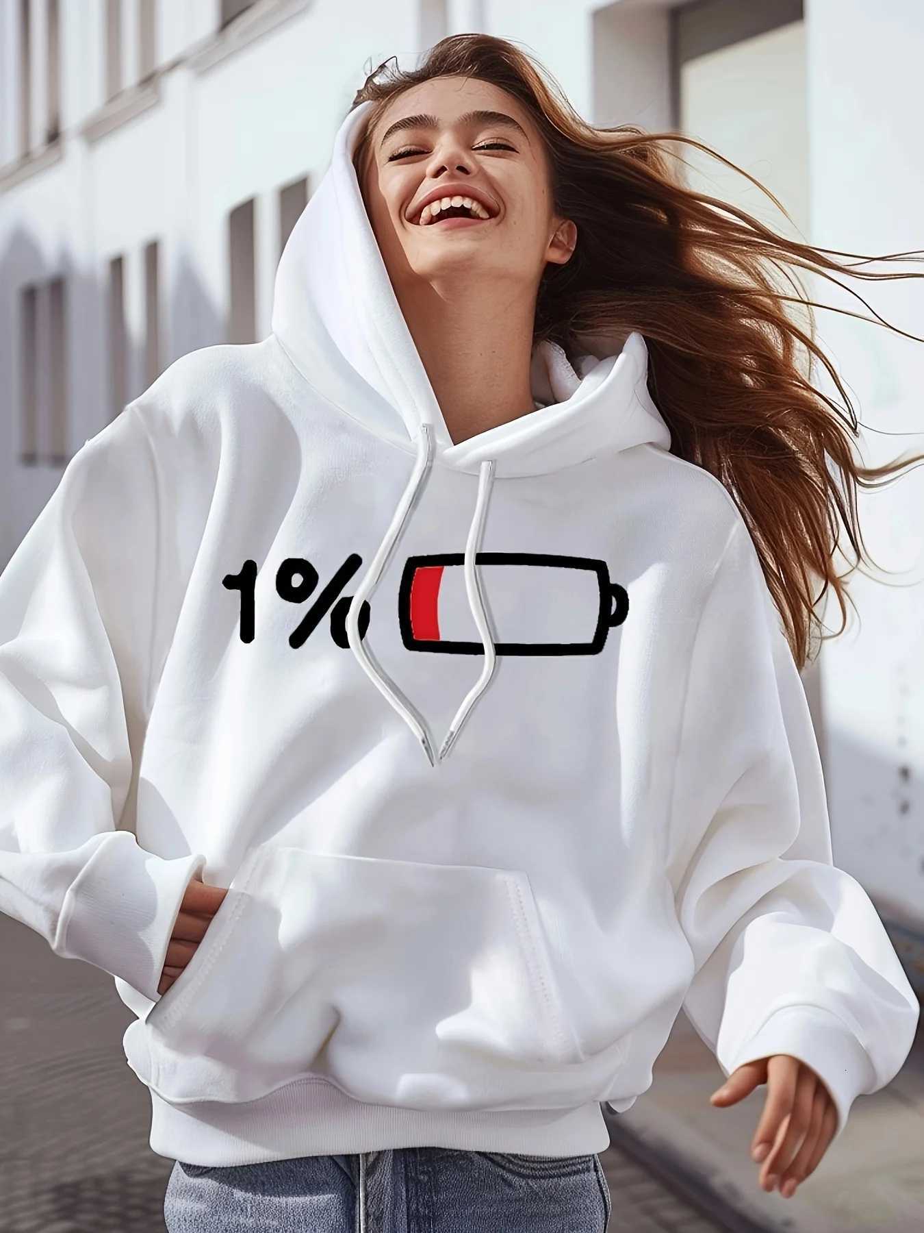2025 Fall/Winter Womens Printed Hoodie Casual Winter Sweatshirt 1 Battery Indicator Pullover Fashion Y2K Top Personality RetroT251105
