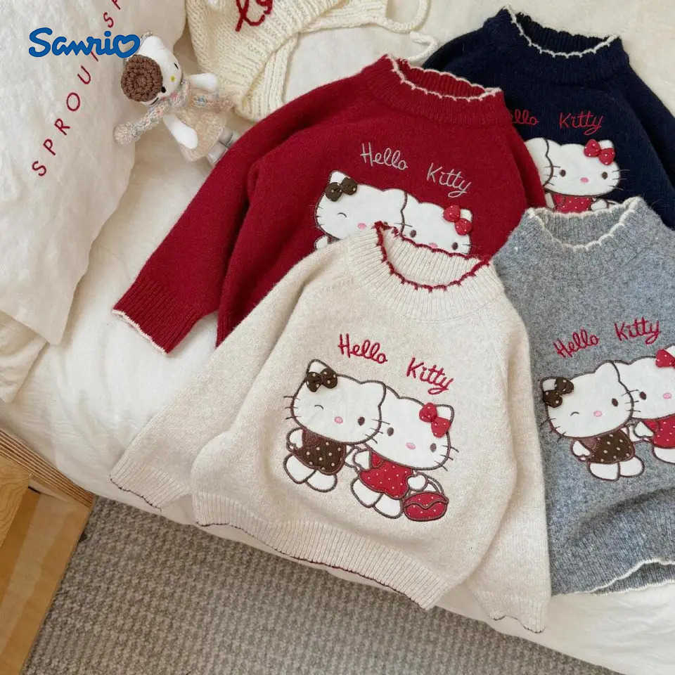 Sanrio Hello Kitty Girls Sweater Cartoon Kt Cat Pullover Knitting Thicken New Korean Version Childrens Sweater Autumn Winter H251105