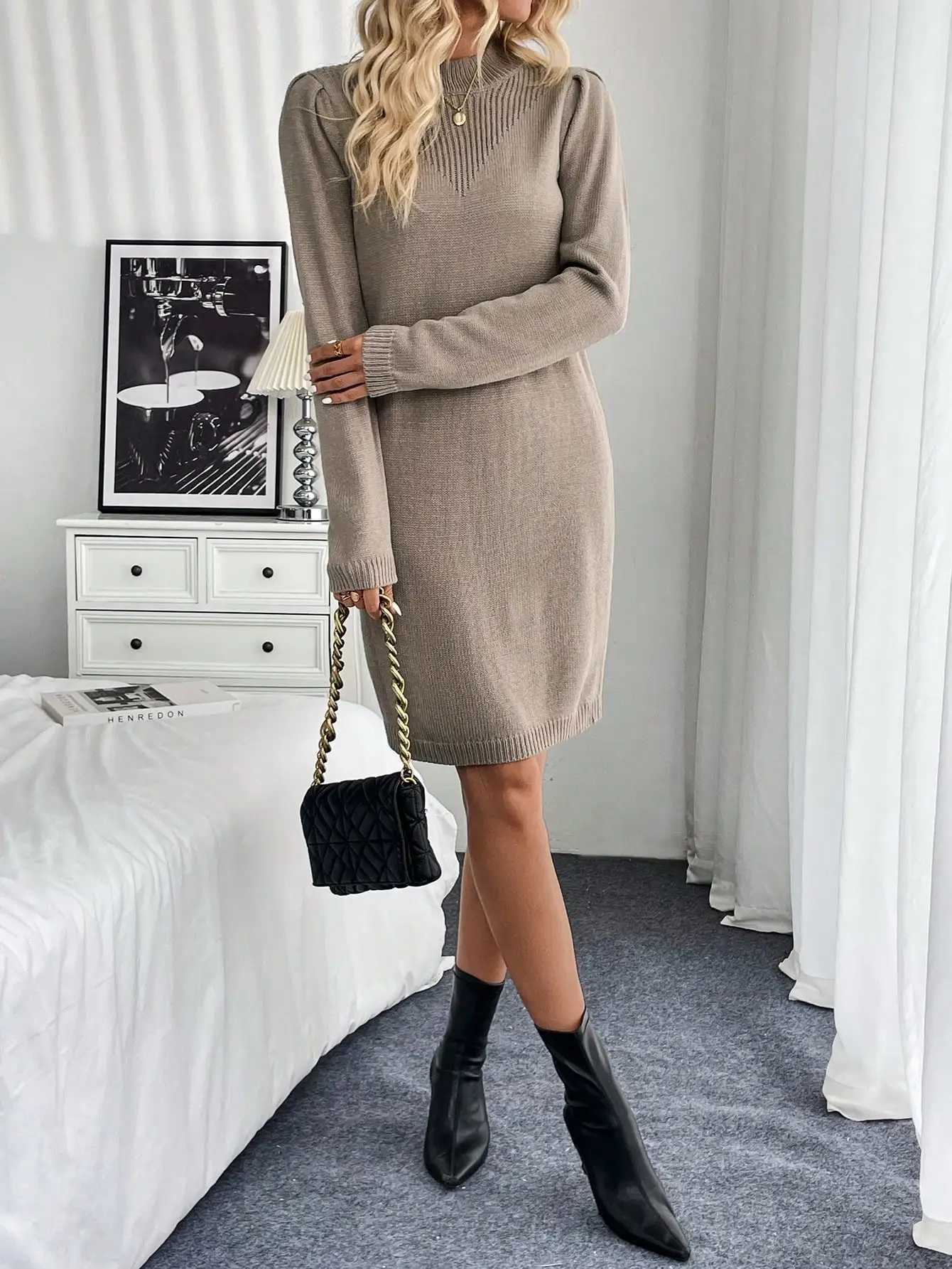 Autumn and winter standing collar long sleeved new knitted dress J251105