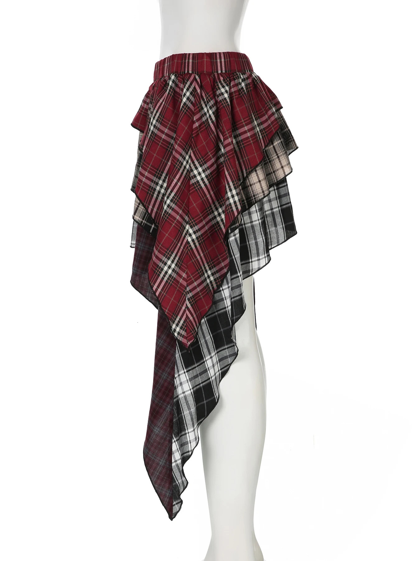 Rockmore Streetwear Patchwork Red Plaid Irregular Skirt Vintage Sexy Slim Mini Skirt Y2k 2000s Clothes Coquette Grunge Fairycore 250402