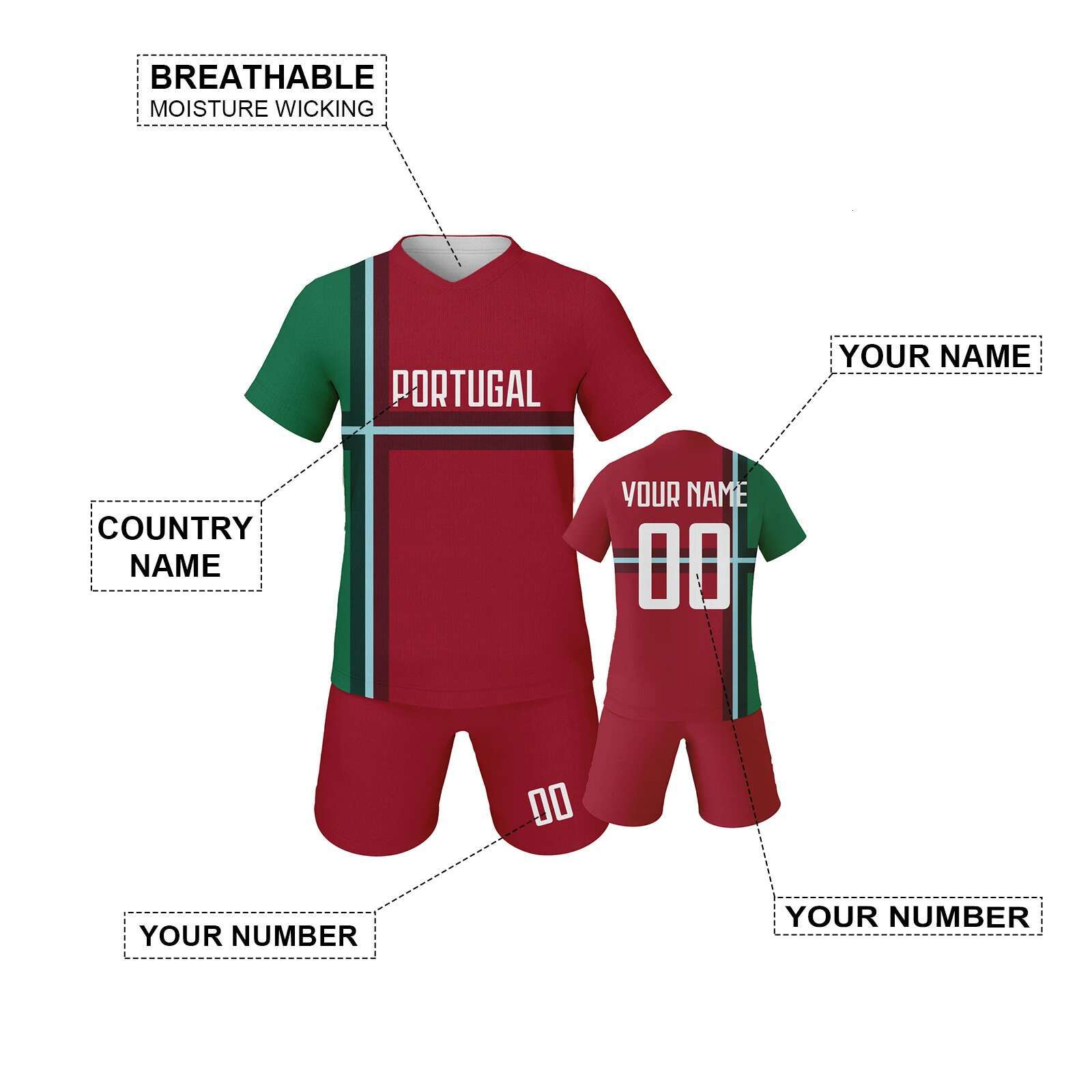 Custom Portugal Jersey Set for Kids Personalized Football Kit with Name Number Team Club Uniform Boys Girls Soccer Gifts