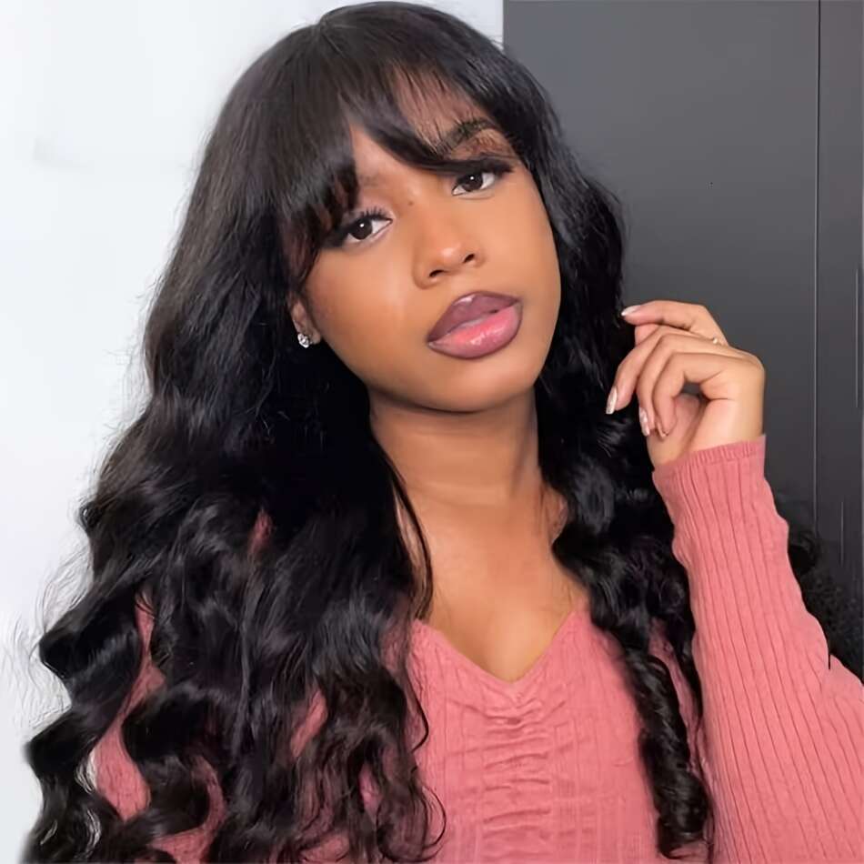 200% Density Brazilian With Bangs Long And True Length Human Hair #1B Glueless Body Wavy Full Hine Made Scalp Top Wig No Lace Front Wigs For Women Nat
