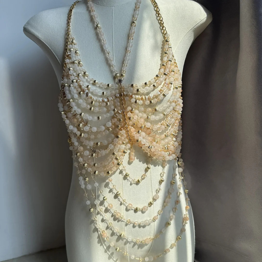 Ladies Body Chain Bead Camisol Tank Top Hollow Top Body Jewelry Exposed Pearl Necklace Full Fashion Bra Ladies Club Carnival 250403