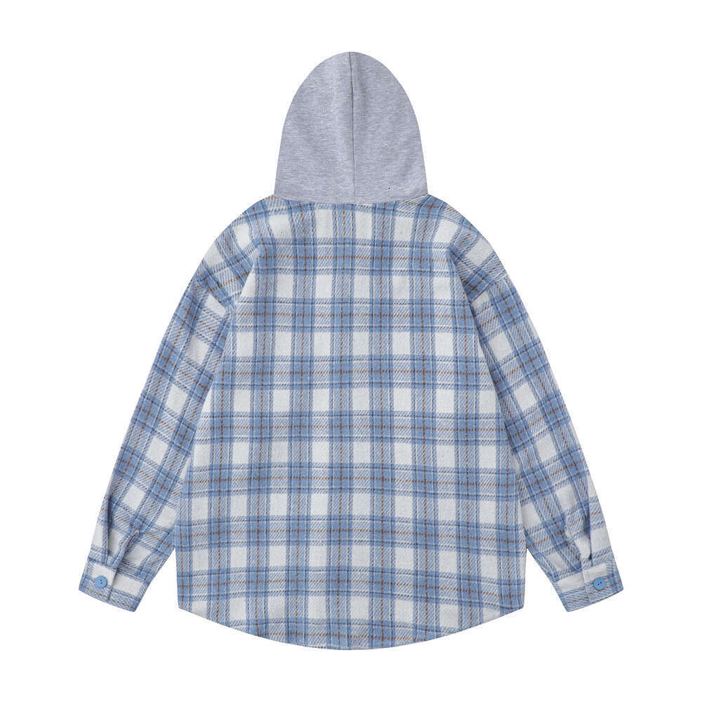 American Retro Loose Plaid Trendy Brand Men's Spring and Autumn Checkered Long Sleeve Color Block Hooded Shirt Jacket