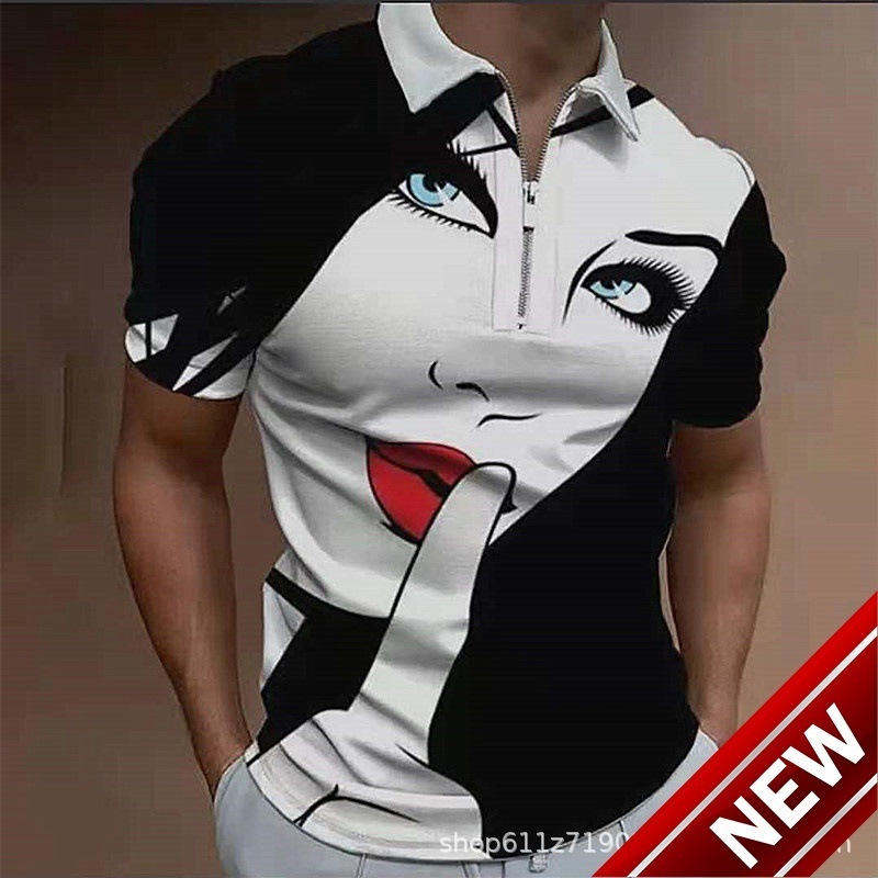 Spring New Fashionable Casual Pop Printed Polo Shirt Zipper T-shirt for Men