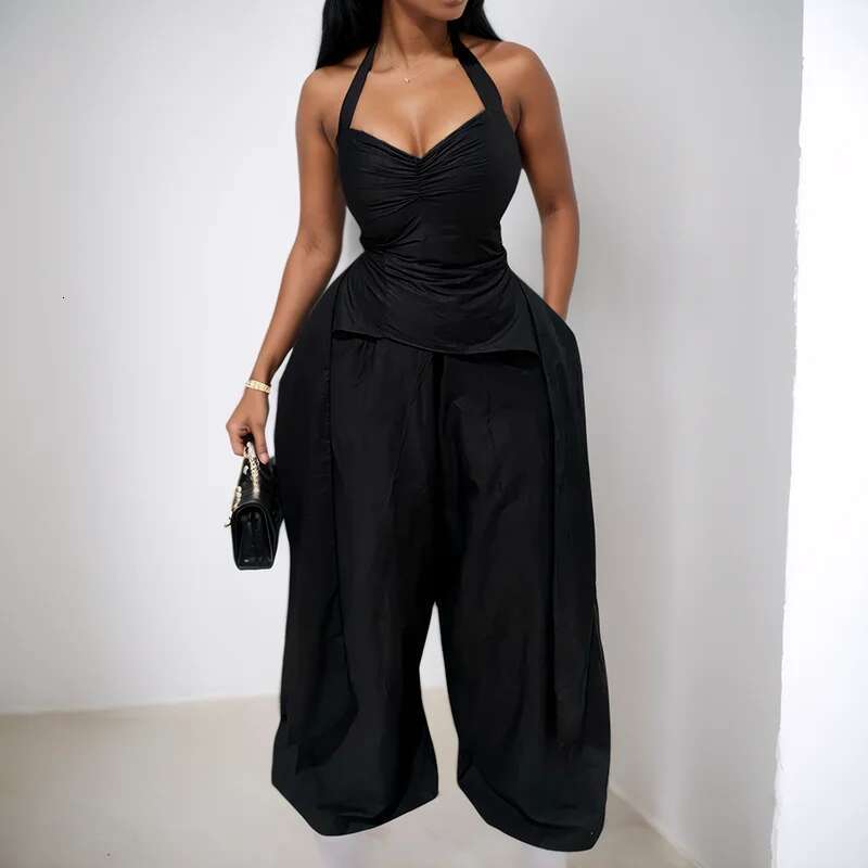 Fashion Two Piece Set For Women Trendy Halter V-Neck Irregular Tops Female High Waist Loose Trousers Spring New 33A3848