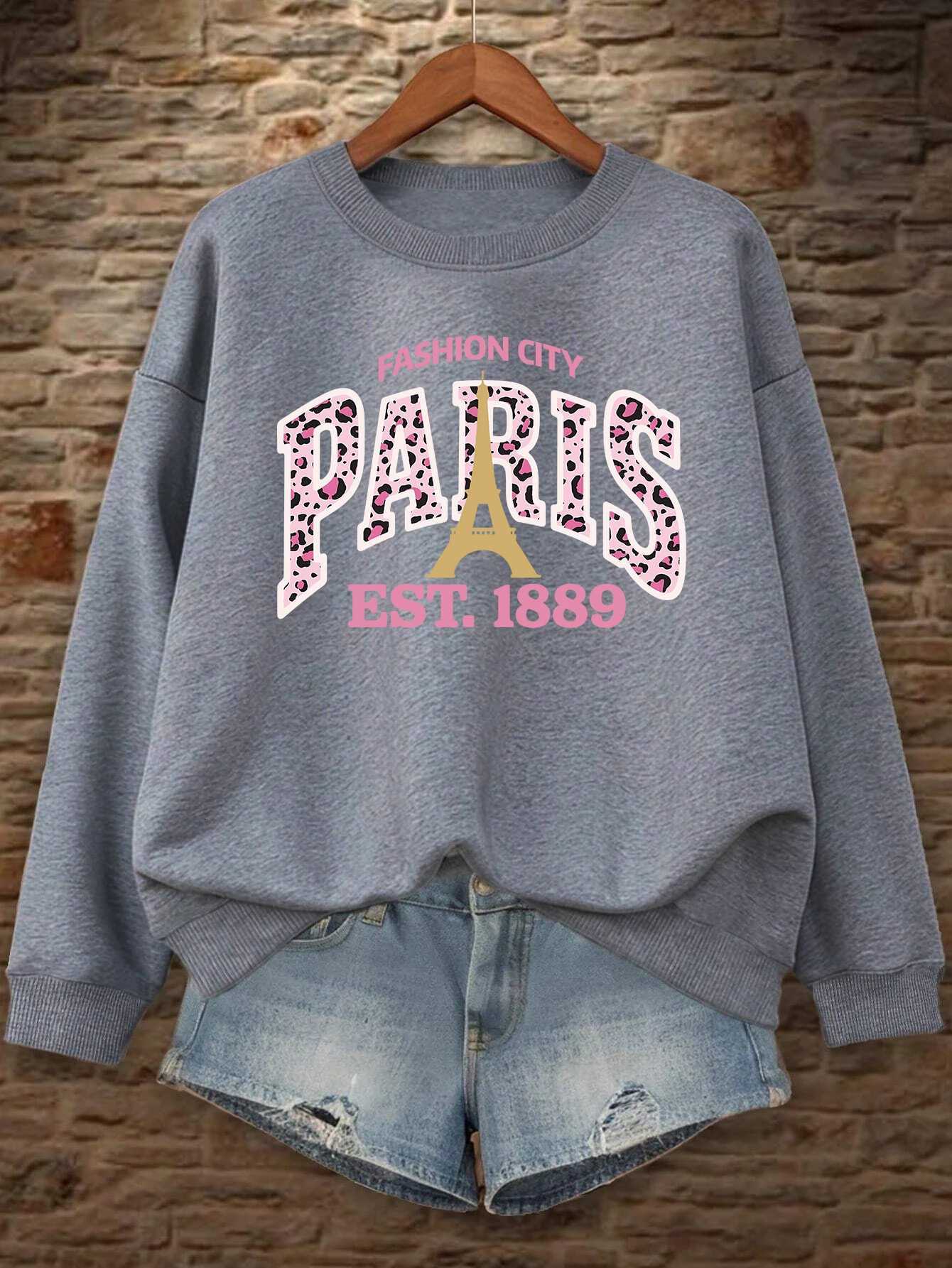 Pink Leopard Print Paris 1889 Pattern Woman Pullovers Autumn Crewneck Sweatshirt Casual Loose Clothing Fleece Hip Hop SportswearT251105