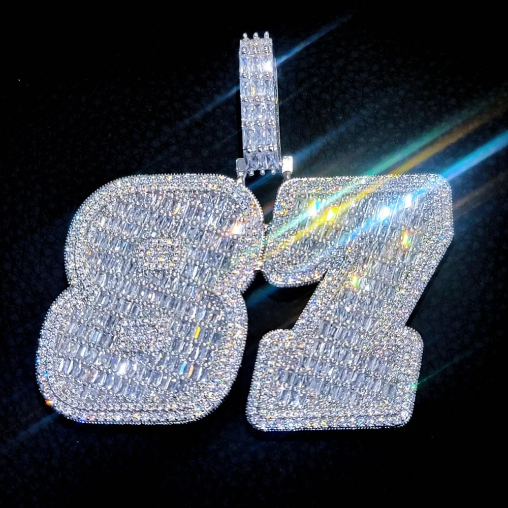 Custom Ice Number Word Pendant Chain Icy Baguettecz Letter Necklace Solid Back Laser Engraving Personalized His Birthday Gifts 251105