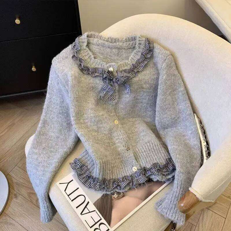 Women's Clothing Patchwork Ruffle Edge Bow Tie Cardigan Sweater For Women Autumn Winter Long Sleeved Sweet Chic Soft Knitted Top Designer Sweater