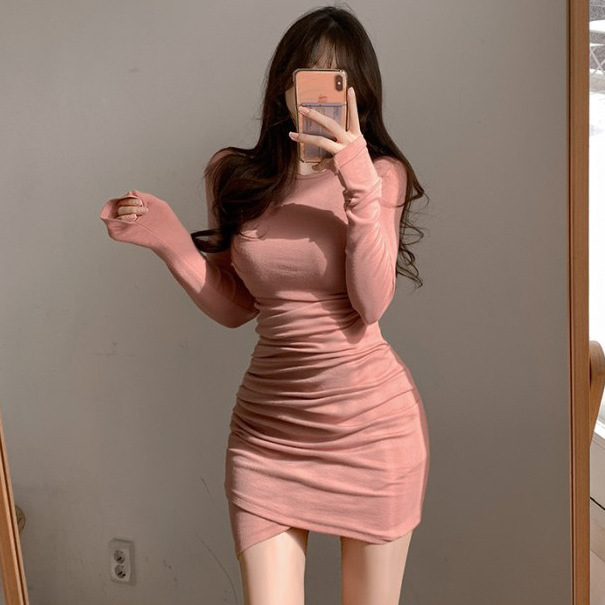 T20029 Autumn/Winter Trendy Round Neck Long Sleeve Versatile Pleated Mini Skirt Slimming Irregular Dress
