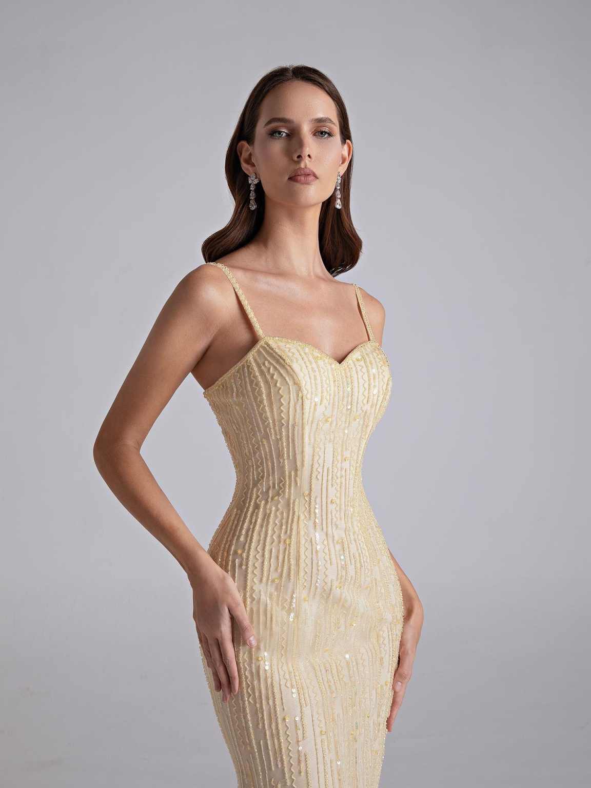 Sexy Gold Sequin Evening Dresses for Women Luxury Crystal Beaded Prom Dress with High Slit Formal Party Mermaid Gown for Gala