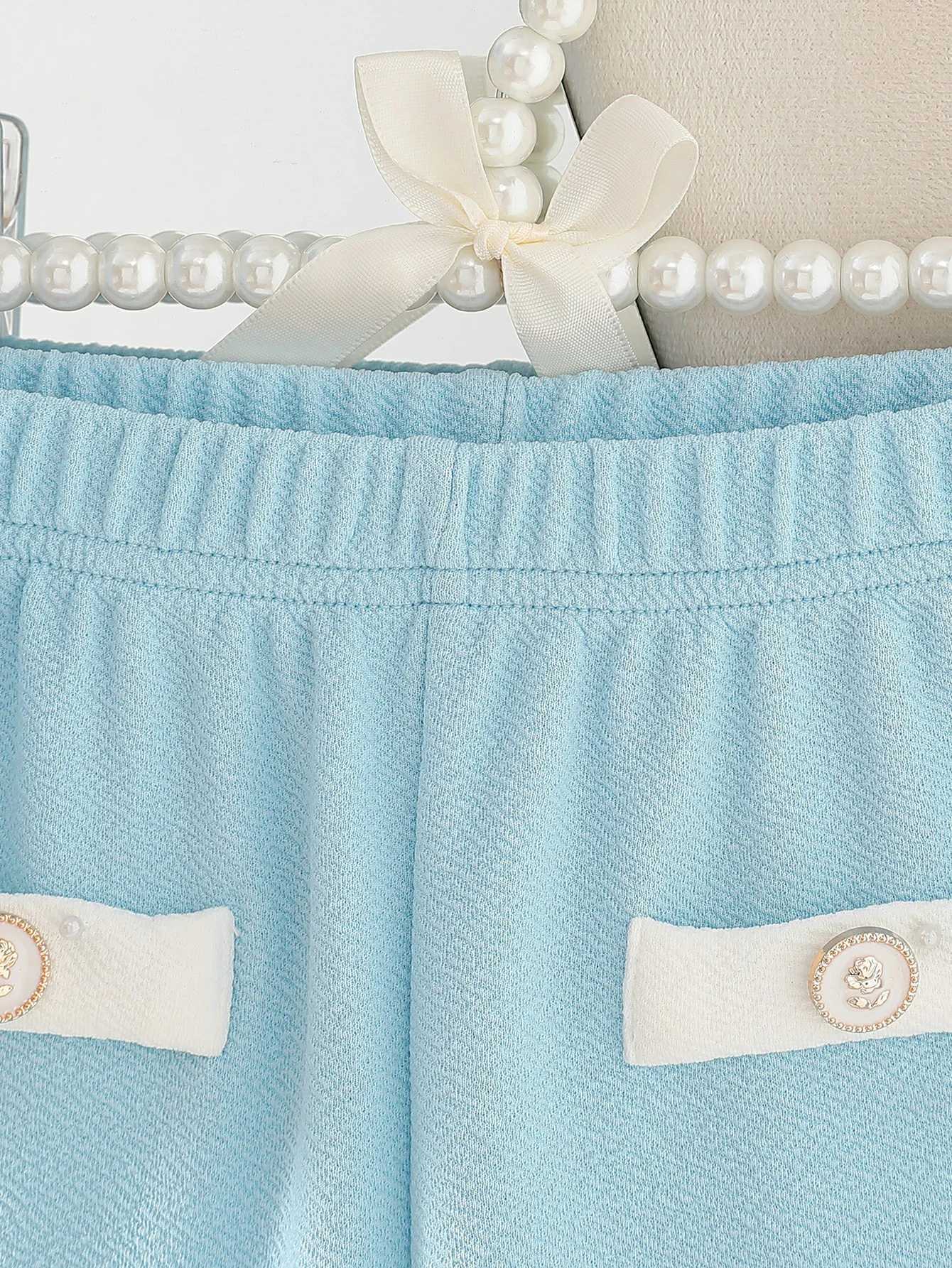 Baby girl autumn elegant style two-piece set light blue small fragrance butterfly bow top same color pants Y251105