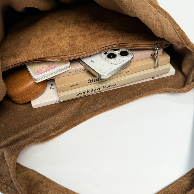 Autumn Retro Large Capacity Suede Tote Bag for Women Simple Solid Color Ladies Shoulder Bags Versatile Portable Female Handbags 251104