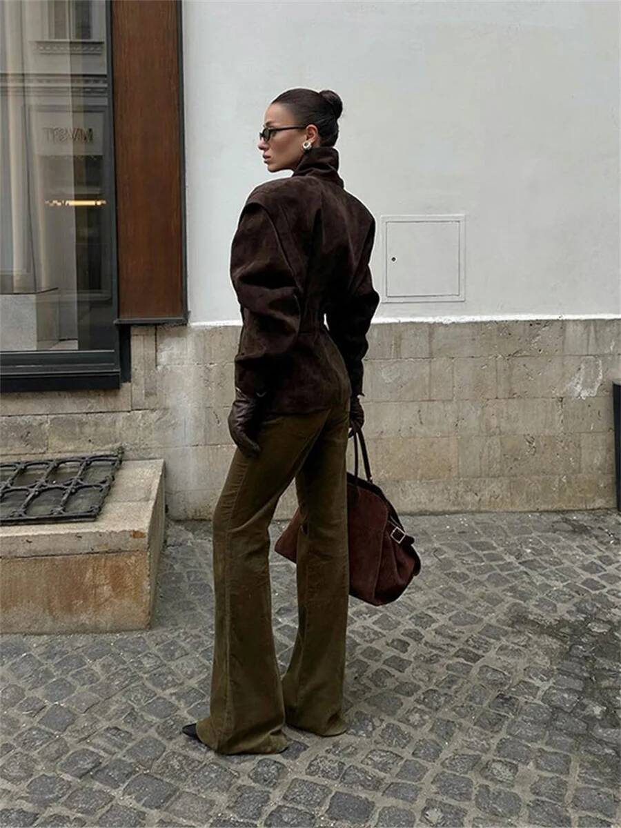 winter jacket women Autumn Chic Solid One Button Suede Jacket Elegant Female Lapel Long Sleeves Shoulder Pads Coat Fashion Women Loose Street Wear