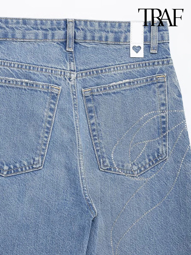 TRAF womens fashionable ultrathin slim fit high waisted Rhinestone embossed jeans American street chic blue washed casual wide leg 250403