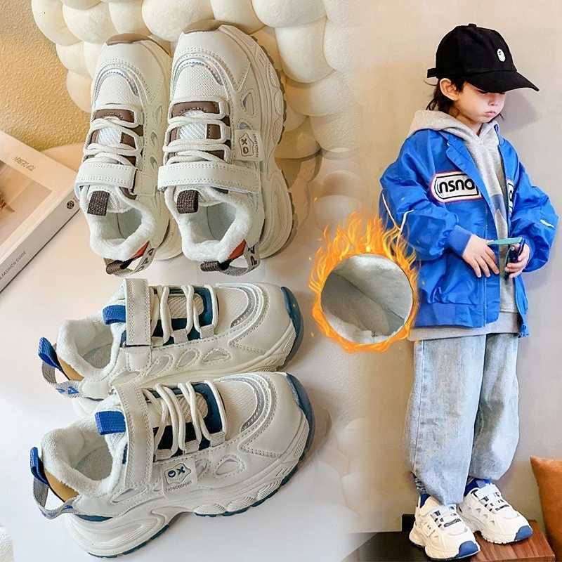 Childrens Padded Sneakers 3-18 Years Old Boys Thickened Leather Girls White Shoes Fall Winter Soft Non-slip Kids Cotton ShoesT251105