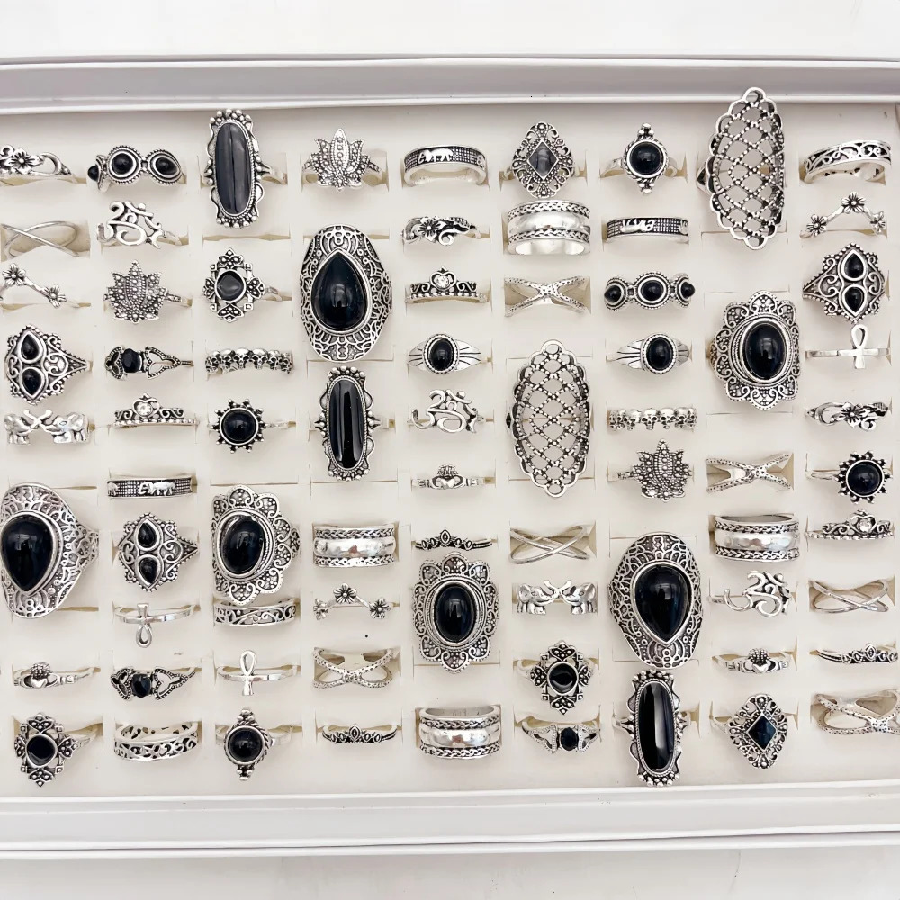 102030Pieces Vintage Bohemia Black Stone Rings Set For Women Men Mix Style Heart Love Flower n Finger Jewelry Party Gifts 251031