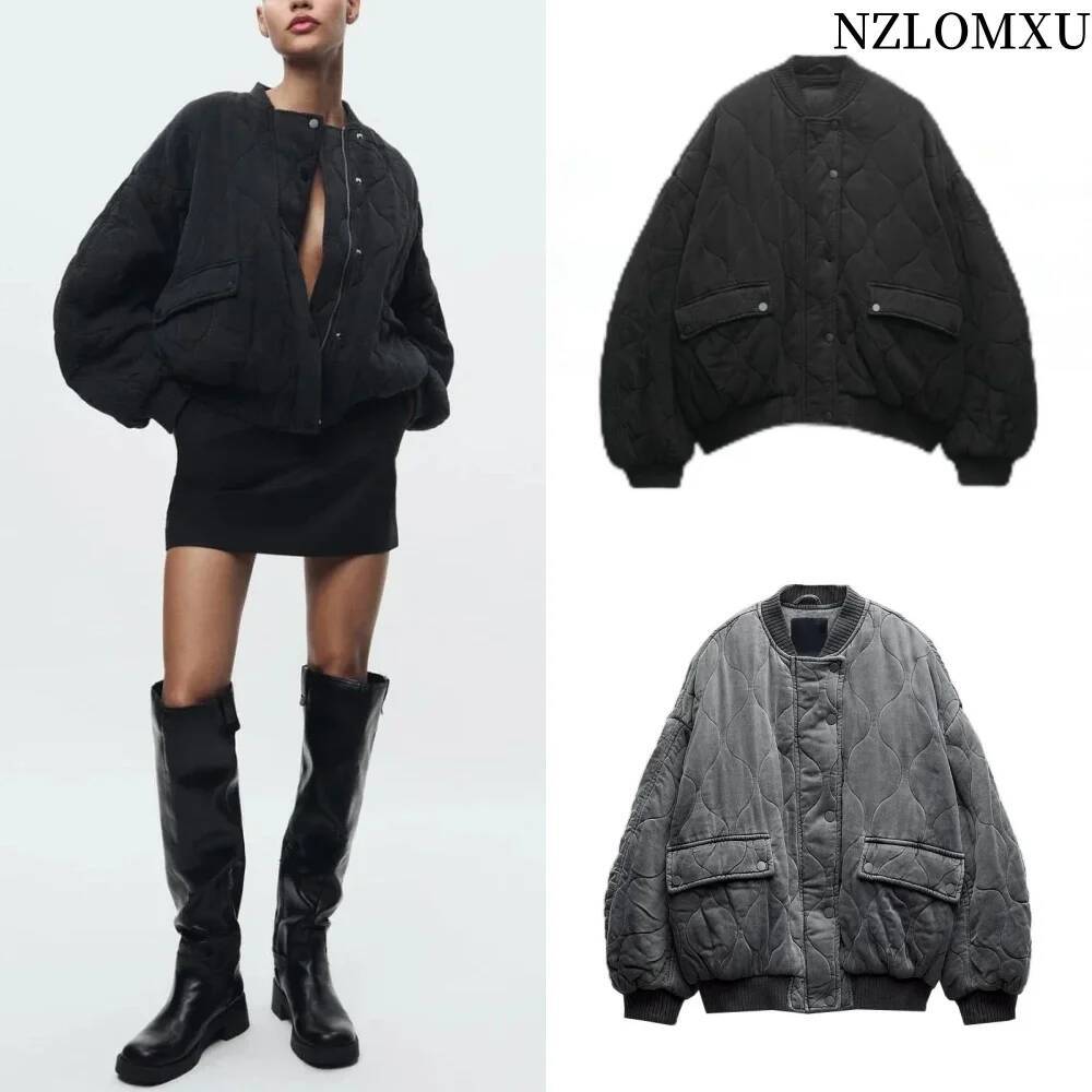 winter jacket women Women's Quilted Loose Fit Bomber Jacket Crew-Neck Long Sleeve Zip-Up Coat with Flap Pockets Warm Outerwear for Fall Winter