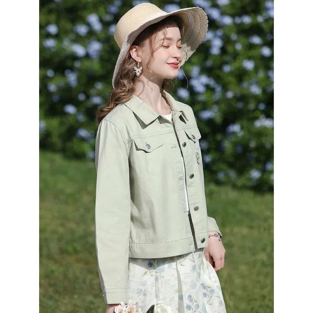 French Woman Denim Jackets Turn-Down Collar Spring New Embroidery Cotton Short Female Retro Coat