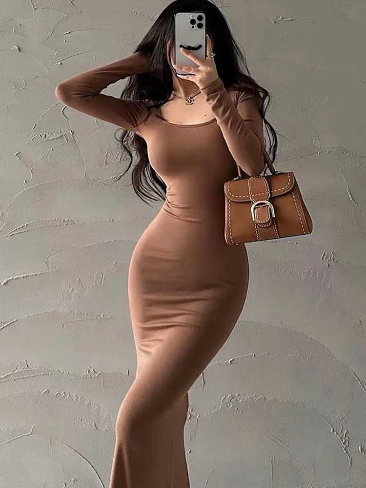 Ribbed Solid Long Sleeve Square Neck Skinny Bodycon Dress Women Autumn Sexy Evening Party Elegant Vestido Ladies Long Dresses J251105