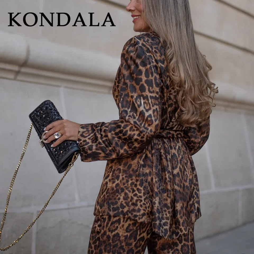 KONDALA Fall Winter Leopard Office Lady Suits Fashion Elegant Sashes Single Breasted Women Blazers Zip Up Straight Pants 251104