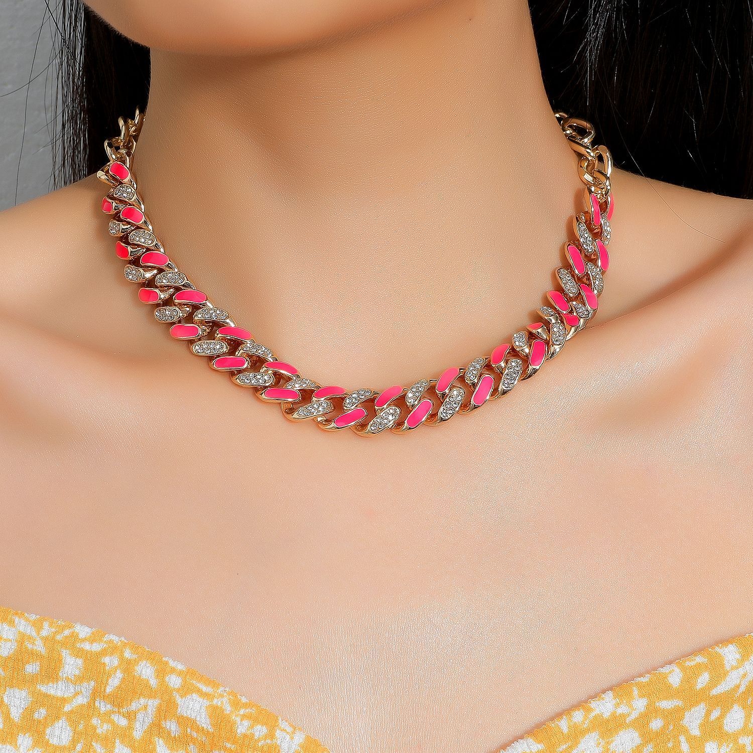 Hip Hop Two-Tone Rhinestone Thick Necklace Fashion Trendy Brand Oil Drip Cuban Chain Unisex New Arrival