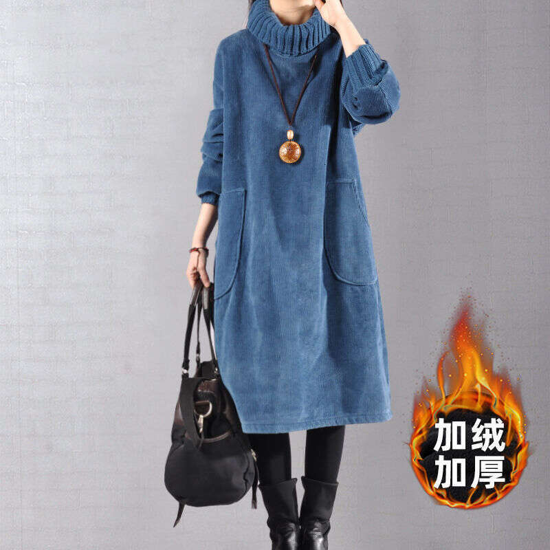 Extra Large Size 1Kg High Neck Fleece Lined Thickened Mid-Length Corduroy Dress B5