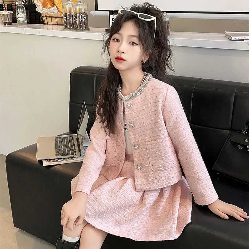 2025 Girls Outfits Set Chic Tweed Jacket Skirt Two Pieces Teen Children Costumes Stylish Spring Autumn Kids Clothes10 12 Years Y251105