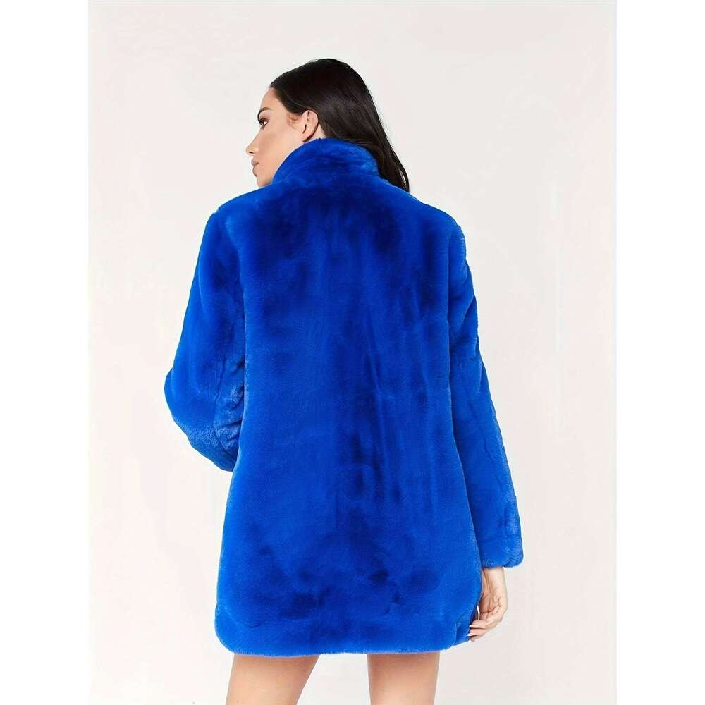 Women's Elegant Mid-Length Faux Fur - Long Sleeve, Button-Up Front, Pockets, Non-Stretch Fabric, Solid Color, Winter Coat For Fall & Winter, Casu