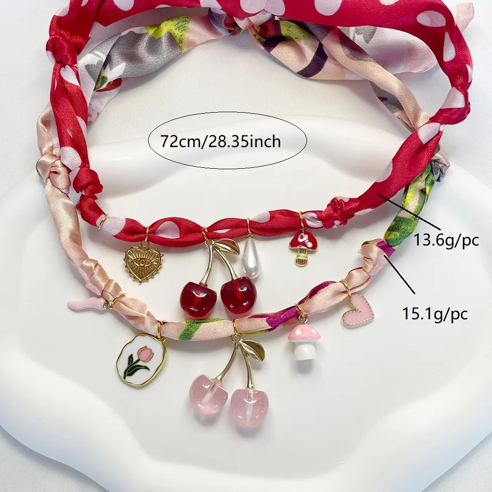Red Pink Cherry Bandana Necklace for Women Girls with Charms Scarf Pendant Daily Wear Fashion Accessory 251031