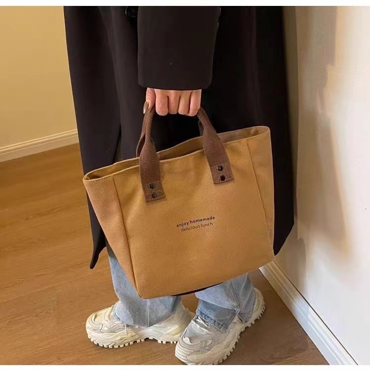 Cross-Border New Canvas Solid Color Handbag Japanese Style Office Worker Simple Lunch Box Color-Block Shoulder Bag Manufacturer Wholesale