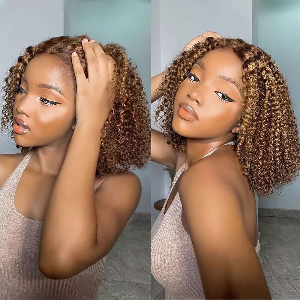 250% Density Glueless With Transparent Front - Natural Brown Blonde Ombre Highlights, Pre-Cut Pre-Plucked Hairline, Deep Wave Human 13X4 Lace Hair Wig