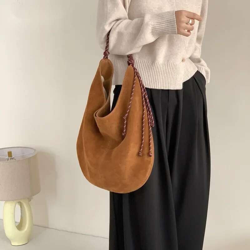Winter Leisure Stylish Sennit Handle Large Tote Huge Genuine Suede Leather Women Handbag Soft Touch Warm Travel Shoulder Bag