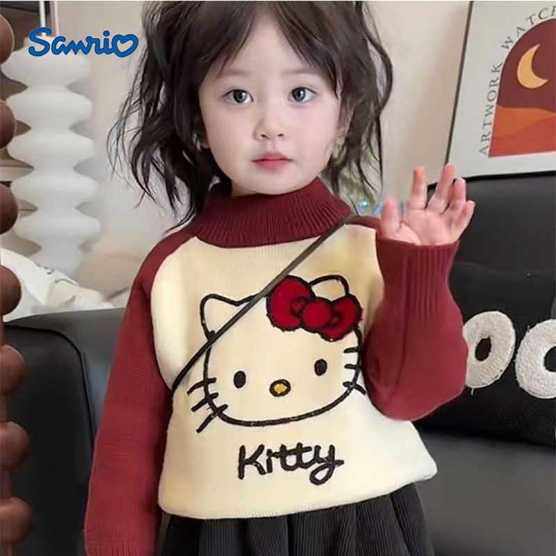 Sanrio Sweet Style Little Girl Color Block Cartoon Hello Kitty Thickened Sweater Autumn Winter New High Neck Warm Knitted Sweater for Girls H251105