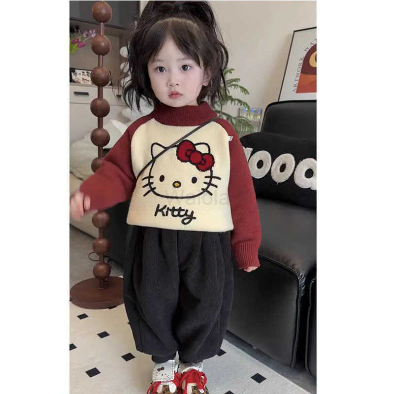 Sanrio Sweet Style Little Girl Color Block Cartoon Hello Kitty Thickened Sweater Autumn Winter New High Neck Warm Knitted Sweater for Girls H251105