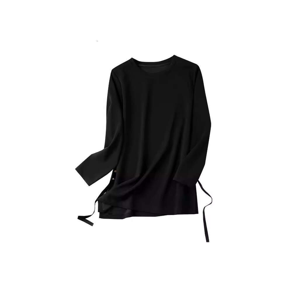 Plain Wood Plus Size Black Rhinestone T-Shirt For Women Autumn New Round Neck Top European Fashion Casual Women's Clothing B5