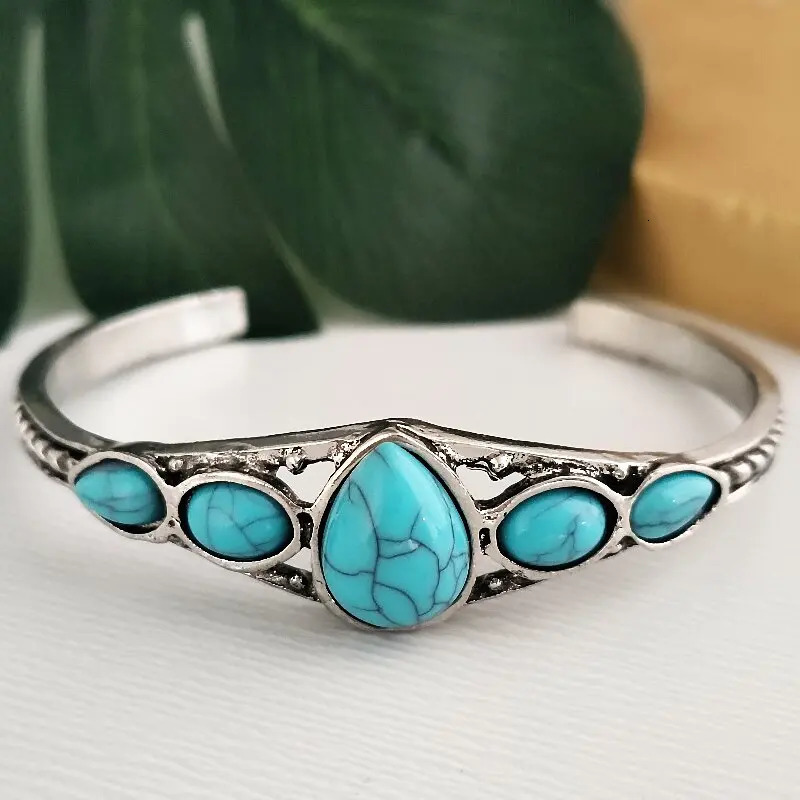 1pcs style personality retro turquoise carved hollow geometry light accessories bracelet adjustable opening bracelet 251031
