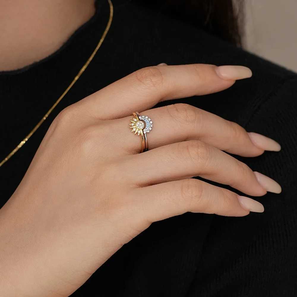 925 Silver Sun and Moon Couple Ring Set Sky Blue Sparkling Cubic Zirconia Rings Promise Fine Jewelry Gifts for Valentines Day Z250407