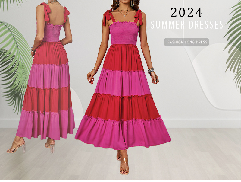 (544) Summer new commuting splicing ruffled sleeveless temperament suspender dress long skirt for women